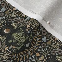 Mystical frog damask with moon and mushrooms - earthy green, mustard and cool grey - small