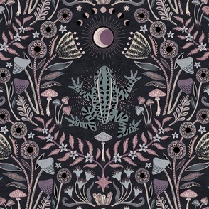 Mystical frog damask with moon and mushrooms - muted purple, teal and cool grey - extra large