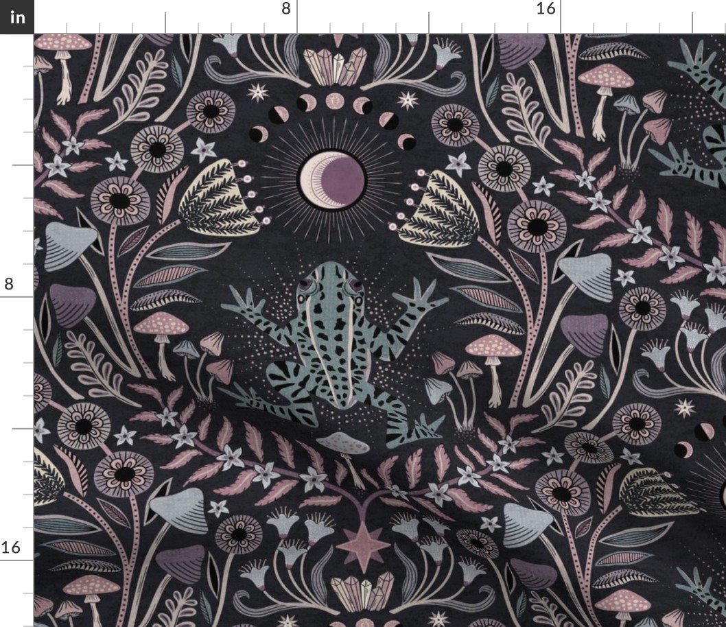 Mystical frog damask with moon and mushrooms - muted purple, teal and cool grey - extra large