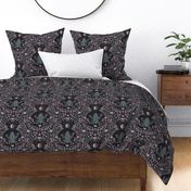 Mystical frog damask with moon and mushrooms - muted purple, teal and cool grey - large