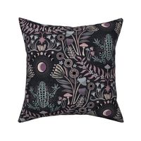 Mystical frog damask with moon and mushrooms - muted purple, teal and cool grey - large