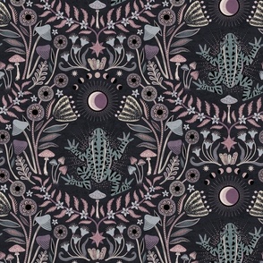 Mystical frog damask with moon and mushrooms - muted purple, teal and cool grey - large