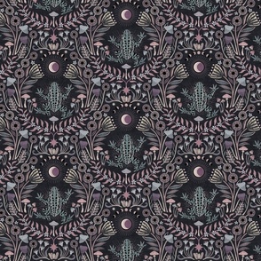 Mystical frog damask with moon and mushrooms - muted purple, teal and cool grey - medium