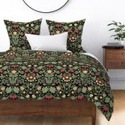 Strawberry Vine Tapestry Damask - Green on Black Wallpaper