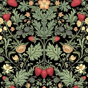 Strawberry Vine Tapestry Damask – Green on Black Wallpaper 