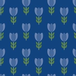 Blue Scandinavian Small Scale Tulip on Dark Blue