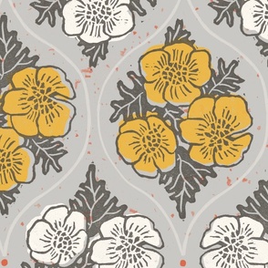 Jumbo Buttercups Block Print in golden yellow and off white on cool grey