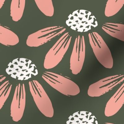 Block Print Daisy Floral in Peach on Deep Green