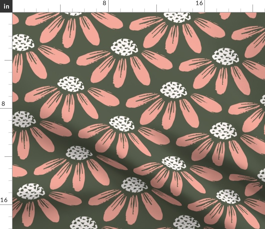 Block Print Daisy Floral in Peach on Deep Green