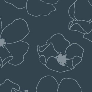 Scattered Minimalist Floral Line Art | Large Scale | Deep Blue, Pale Blue | hand drawn multidirectional flowers