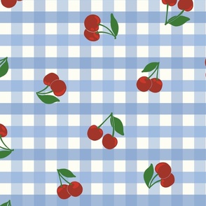 Medium cherry gingham - red cherries on Cornflower blue and white gingham check - vicy check - checkerboard - cute vintage inspired summer picnic Buffalo check - Country checks - Gingang Genggang Jangjang - Shepherds check