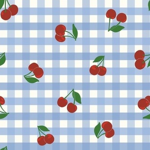 Small cherry gingham - red cherries on Cornflower blue and white gingham check - vicy check - checkerboard - cute vintage inspired summer picnic Buffalo check - Country checks - Gingang Genggang Jangjang - Shepherds check