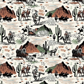 (M) Wild West Scene with Cowboys/ Horses - Off White