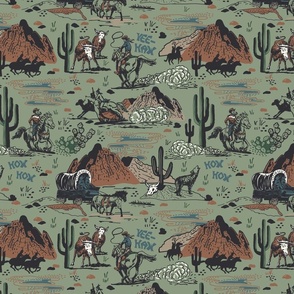(M) Wild West Scene with Cowboys/ Horses - Sage Green