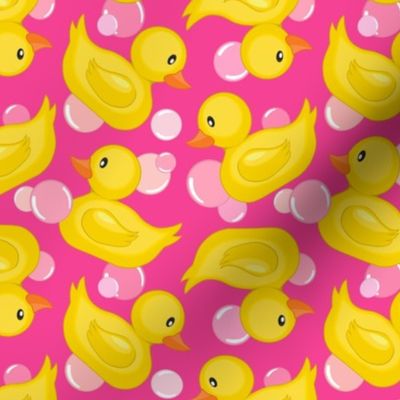 Medium - Tossed Rubber Ducks With Bubbles - Hot Pink