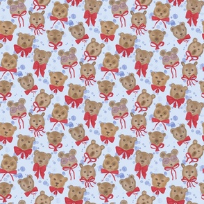 Small Baby Bears with Red Bow Ties, light blue background
