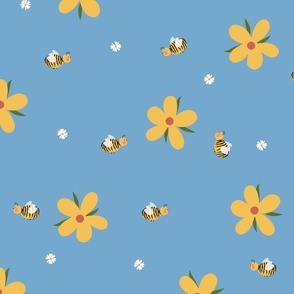 Cute Flowers with Cute Bees in Blue Yellow and White