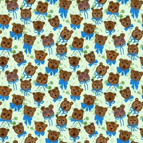 Small Baby Bears with Blue Bow Ties, light green background
