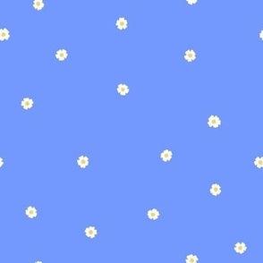 White FlowerDots, Sm Tossed Dot Floral Pattern, White and Yellow Flowers, Cornflower Blue Background