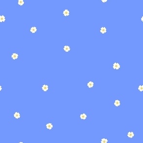 White Flower Dots, Med Tossed Dot Floral Pattern, White and Yellow Flowers, Cornflower Blue Background
