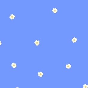 White Flower Dots, Lg Tossed Dot Floral Pattern, White and Yellow Flowers, Cornflower Blue Background4
