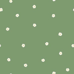 White Flower Dots, Sm Tossed Dot Floral Pattern, White and Yellow Flowers, Sage Green Background