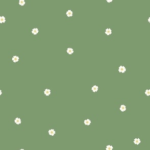 White Flower Dots, Med Tossed Dot Floral Pattern, White and Yellow Flowers, Sage Green Background
