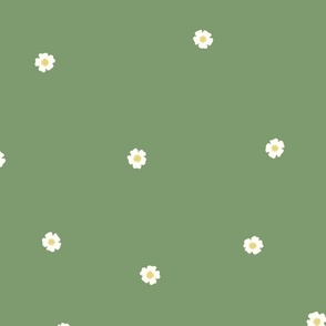 White Flower Dots, Lg Tossed Dot Floral Pattern, White and Yellow Flowers, Sage Green Background