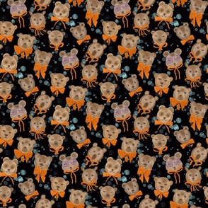 Small Baby Bears with Orange Bow Ties, deep brown background
