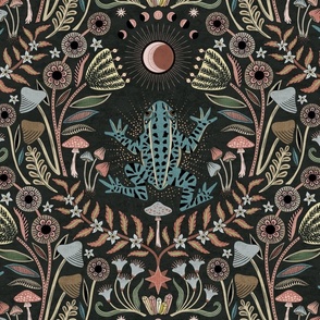 Mystical frog damask with moon and mushrooms - earthy turquoise, rust and cool grey - extra large