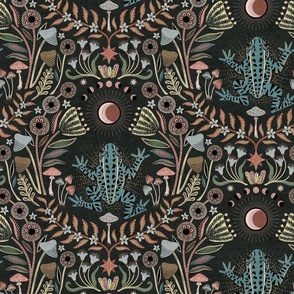 Mystical frog damask with moon and mushrooms - earthy turquoise, rust and cool grey - large