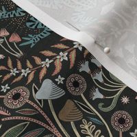 Mystical frog damask with moon and mushrooms - earthy turquoise, rust and cool grey - medium