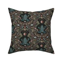 Mystical frog damask with moon and mushrooms - earthy turquoise, rust and cool grey - medium