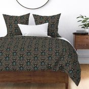 Mystical frog damask with moon and mushrooms - earthy turquoise, rust and cool grey - medium