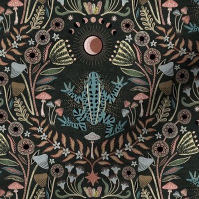 Mystical frog damask with moon and mushrooms - earthy turquoise, rust and cool grey - medium