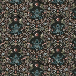 Mystical frog damask with moon and mushrooms - earthy turquoise, rust and cool grey - medium