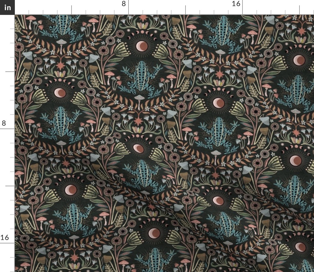 Mystical frog damask with moon and mushrooms - earthy turquoise, rust and cool grey - medium