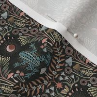 Mystical frog damask with moon and mushrooms - earthy turquoise, rust and cool grey - small