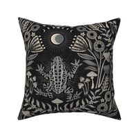 Mystical frog damask with moon and mushrooms - warm earthy grey & black monochrome - extra large