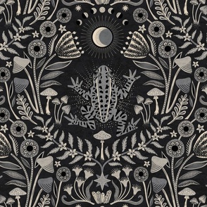 Mystical frog damask with moon and mushrooms - warm earthy grey & black monochrome - extra large