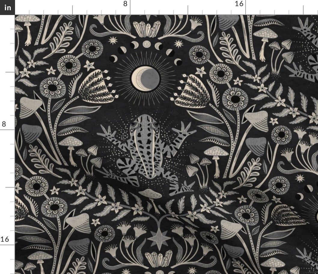 Mystical frog damask with moon and mushrooms - warm earthy grey & black monochrome - extra large