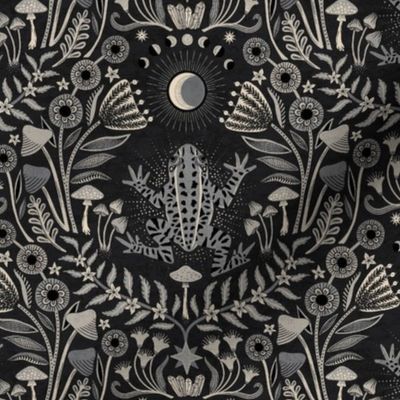 Mystical frog damask with moon and mushrooms - warm earthy grey & black monochrome - medium