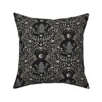 Mystical frog damask with moon and mushrooms - warm earthy grey & black monochrome - medium