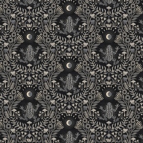 Mystical frog damask with moon and mushrooms - warm earthy grey & black monochrome - medium