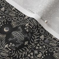 Mystical frog damask with moon and mushrooms - warm earthy grey & black monochrome - small