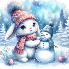 On the playground, the rabbit makes a snowman.