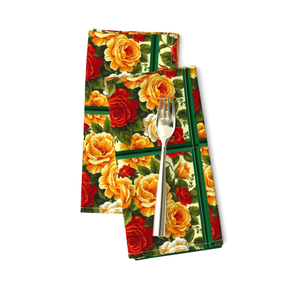 Green Framed Yellow and Red Roses on a Cream Background