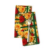 Green Framed Yellow and Red Roses on a Cream Background