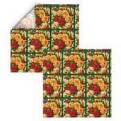 Green Framed Yellow and Red Roses on a Cream Background