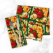 Green Framed Yellow and Red Roses on a Cream Background
